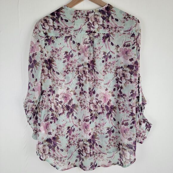 Kut From The Kloth Womens MP Floral Roll Tab Sleeve Semi-Sheer Button-Up Blouse - Picture 7 of 8
